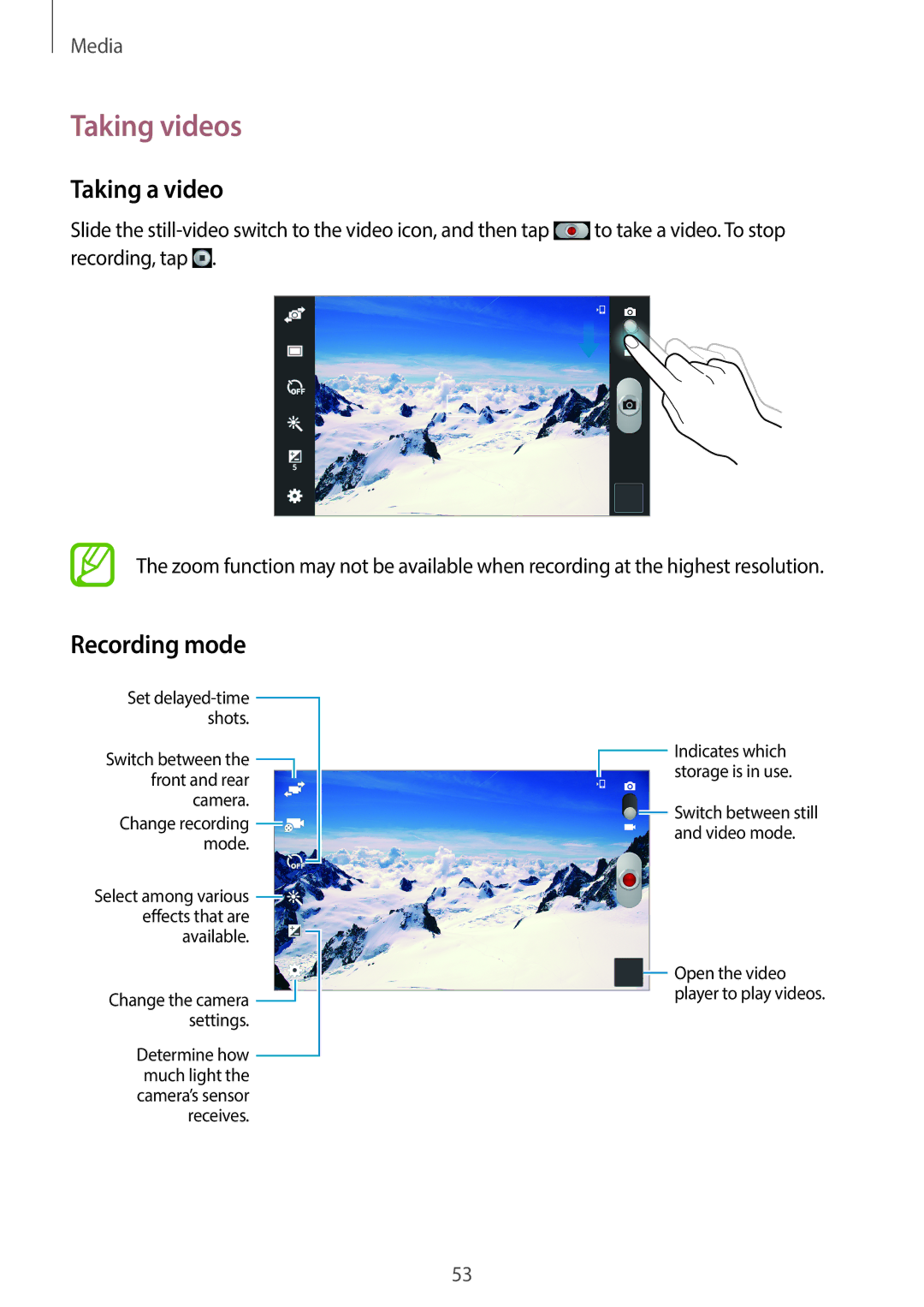 Samsung SM-T2105GYZPHE, SM-T2105GYATUR, SM-T2105GYZTUR, SM-T2105GYATPH, SM-T2105GYADBT manual Taking videos, Recording mode 