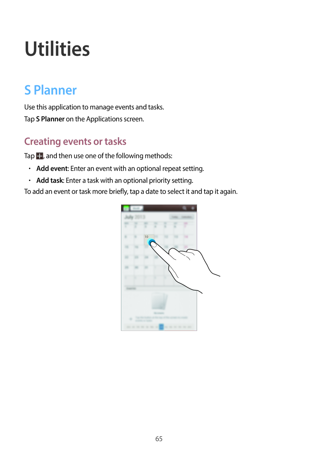 Samsung SM-T2105GYAXEF, SM-T2105GYATUR, SM-T2105GYZTUR, SM-T2105GYATPH manual Utilities, Planner, Creating events or tasks 