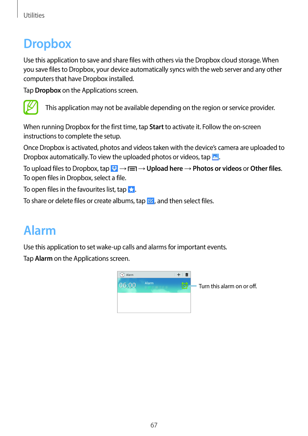 Samsung SM-T2105GYAPHE, SM-T2105GYATUR, SM-T2105GYZTUR, SM-T2105GYATPH, SM-T2105GYADBT, SM-T2105GYAATO manual Dropbox, Alarm 