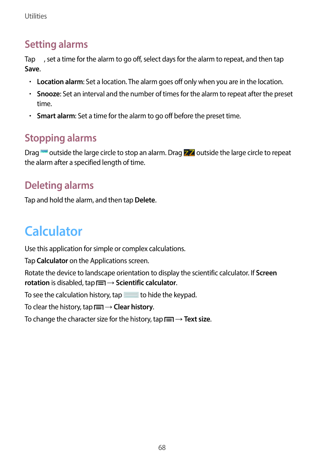 Samsung SM-T2105GYZPHE, SM-T2105GYATUR, SM-T2105GYZTUR manual Calculator, Setting alarms, Stopping alarms, Deleting alarms 