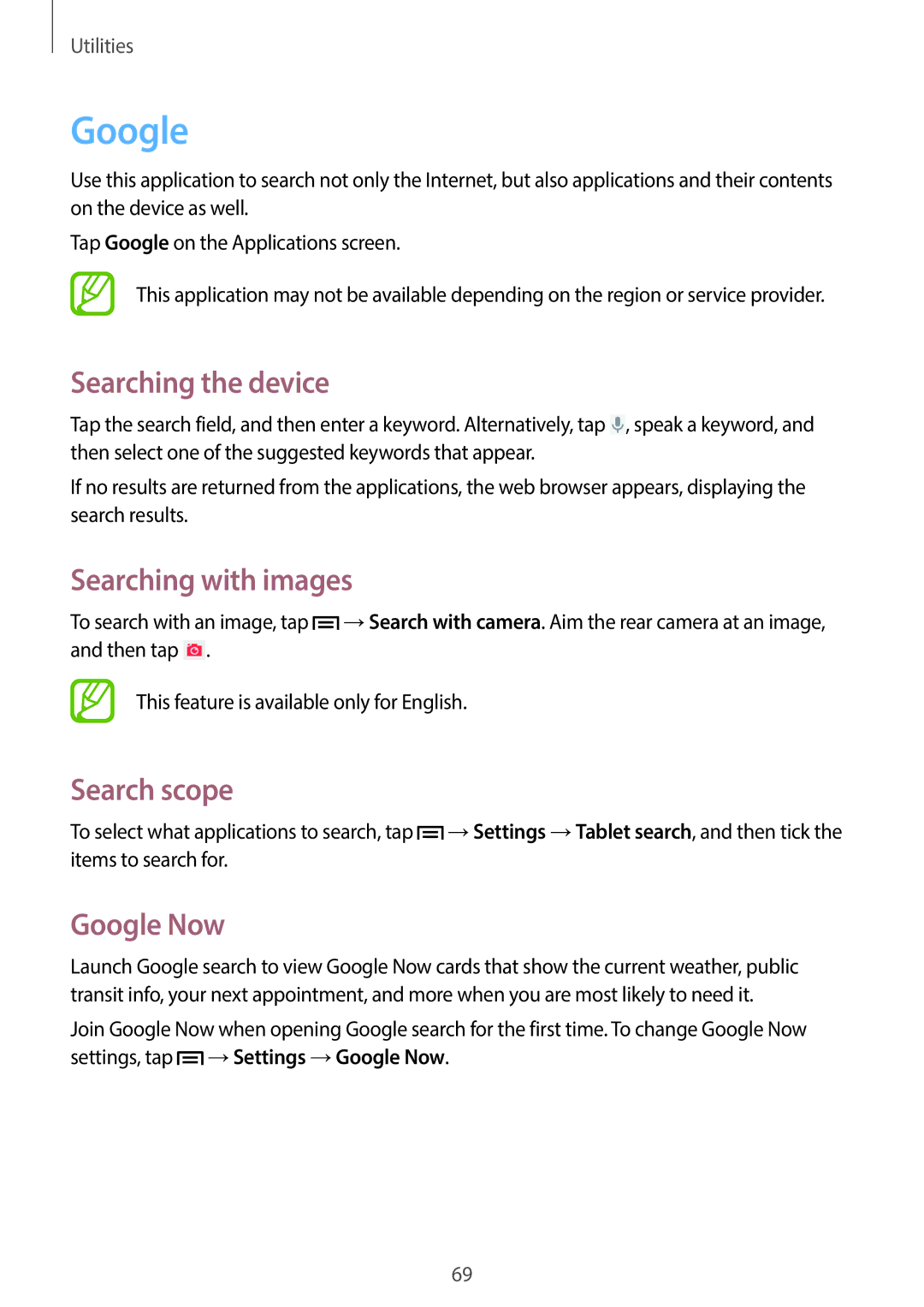 Samsung SM-T2105GYAAUT, SM-T2105GYATUR manual Searching the device, Searching with images, Search scope, Google Now 