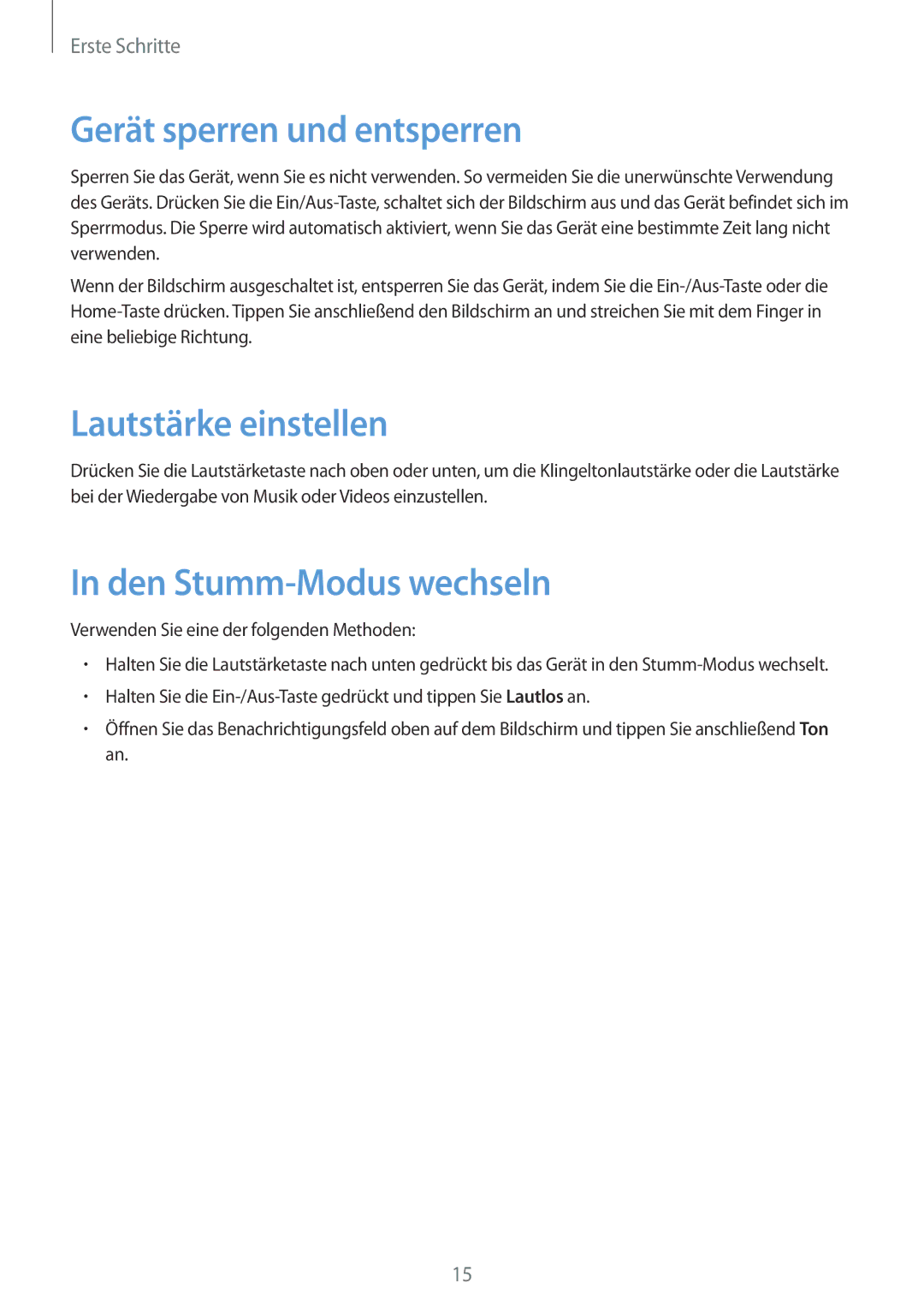 Samsung SM-T2105GYADBT, SM-T2105GYATUR manual Gerät sperren und entsperren, Lautstärke einstellen, Den Stumm-Modus wechseln 