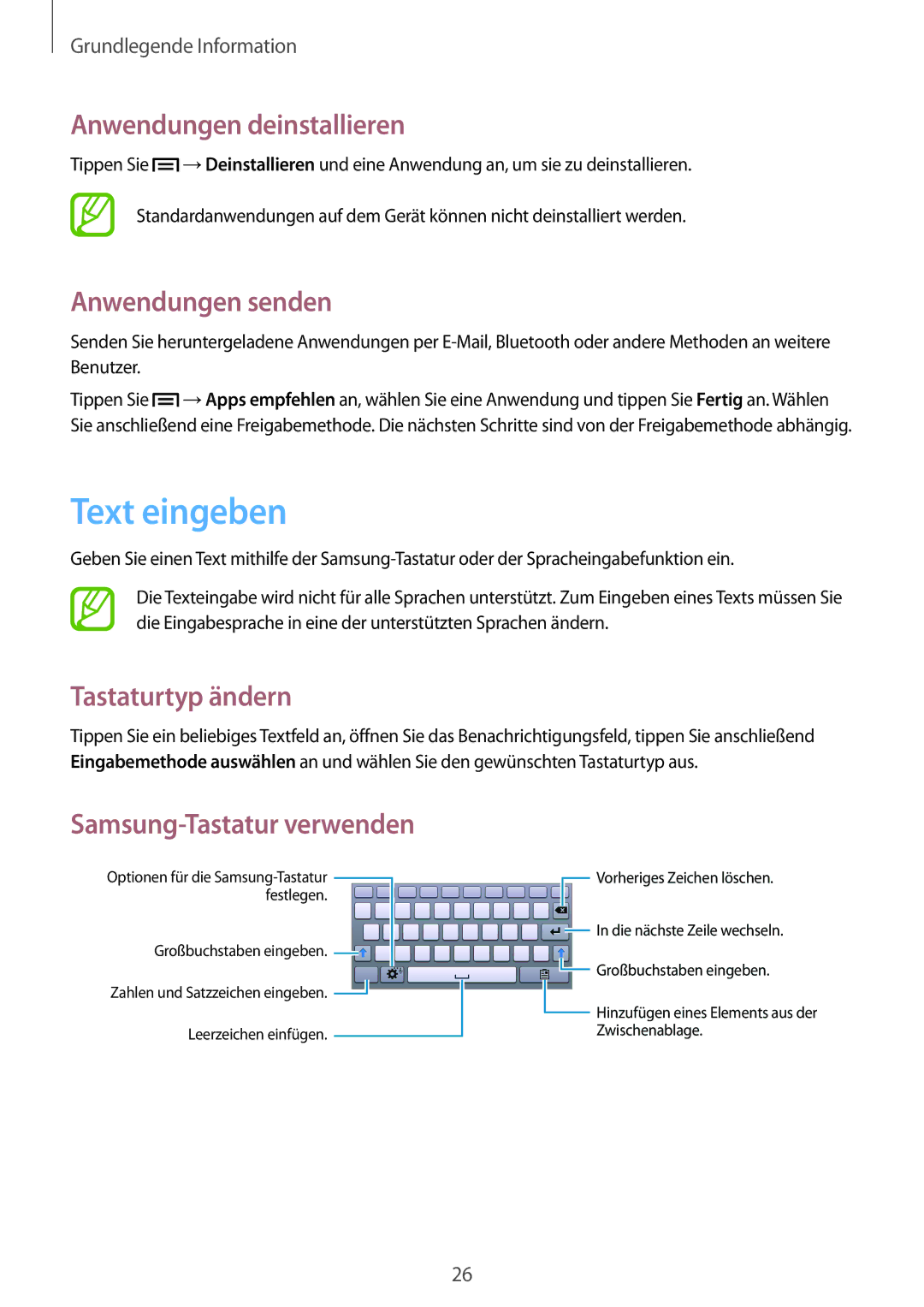 Samsung SM-T2105GYATPH, SM-T2105GYATUR Text eingeben, Anwendungen deinstallieren, Anwendungen senden, Tastaturtyp ändern 