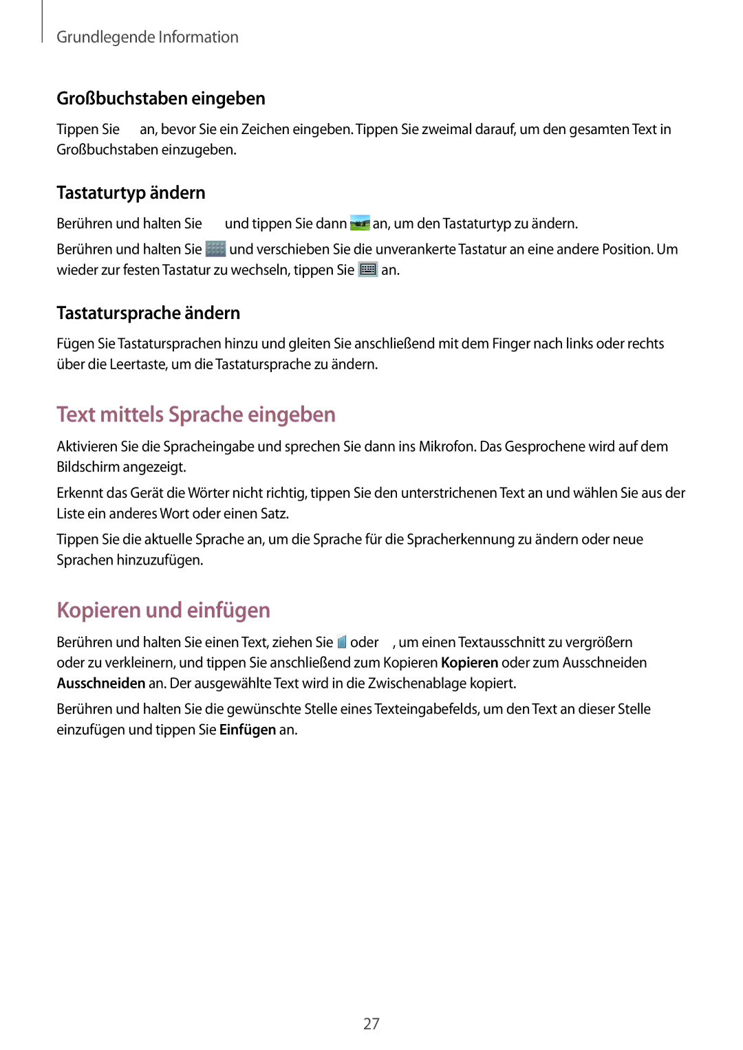 Samsung SM-T2105GYADBT Text mittels Sprache eingeben, Kopieren und einfügen, Großbuchstaben eingeben, Tastaturtyp ändern 