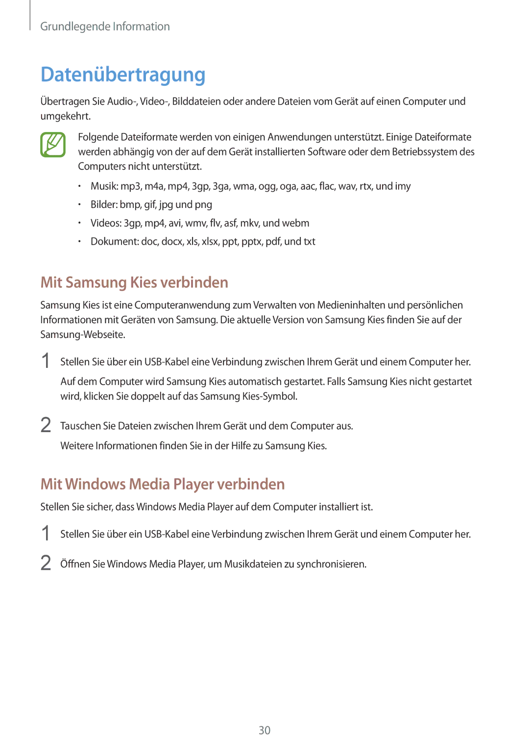 Samsung SM-T2105GYATUR, SM-T2105GYZTUR Datenübertragung, Mit Samsung Kies verbinden, Mit Windows Media Player verbinden 