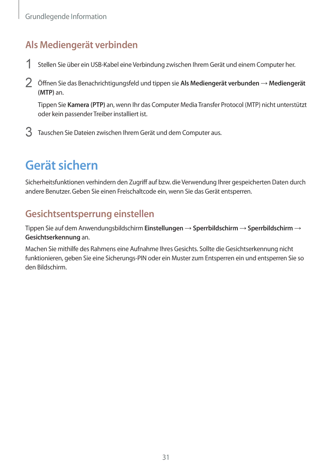 Samsung SM-T2105GYZTUR, SM-T2105GYATUR manual Gerät sichern, Als Mediengerät verbinden, Gesichtsentsperrung einstellen 