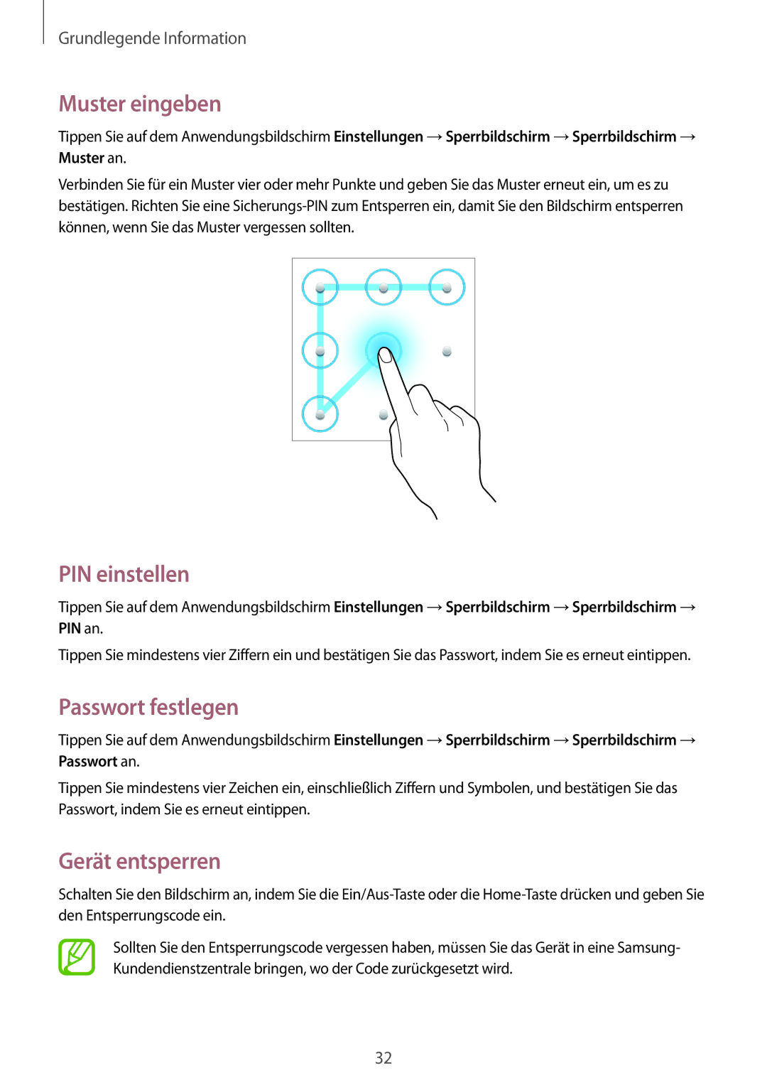 Samsung SM-T2105GYATPH, SM-T2105GYATUR manual Muster eingeben, PIN einstellen, Passwort festlegen, Gerät entsperren 
