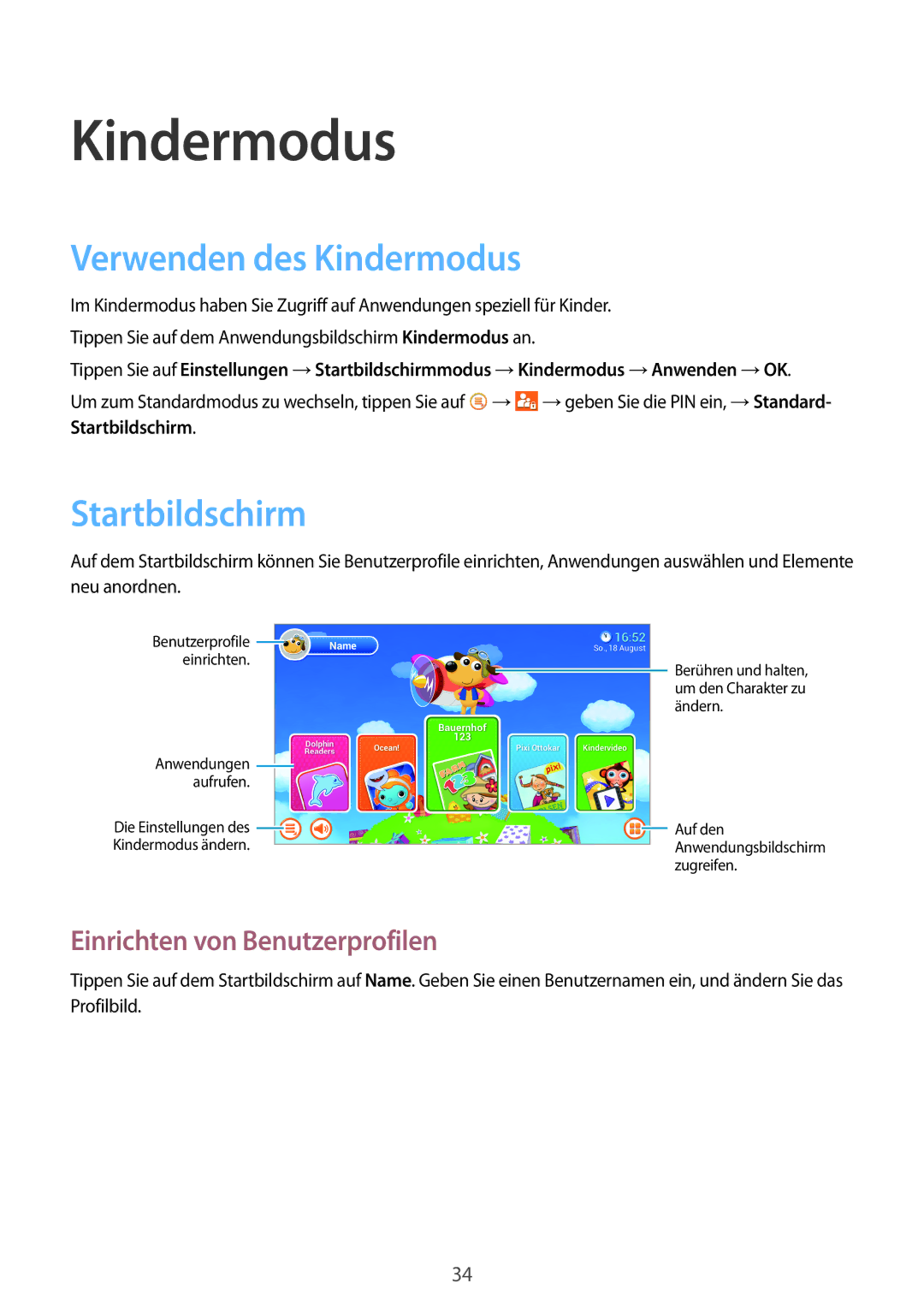 Samsung SM-T2105GYAATO, SM-T2105GYATUR Verwenden des Kindermodus, Einrichten von Benutzerprofilen, Startbildschirm 