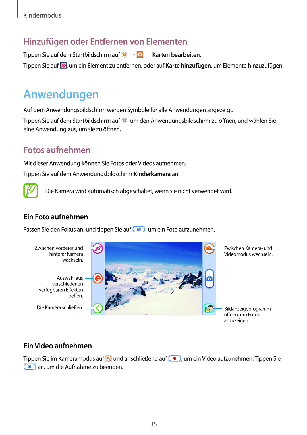 Samsung SM-T2105GYAXEF manual Anwendungen, Hinzufügen oder Entfernen von Elementen, Fotos aufnehmen, Ein Foto aufnehmen 