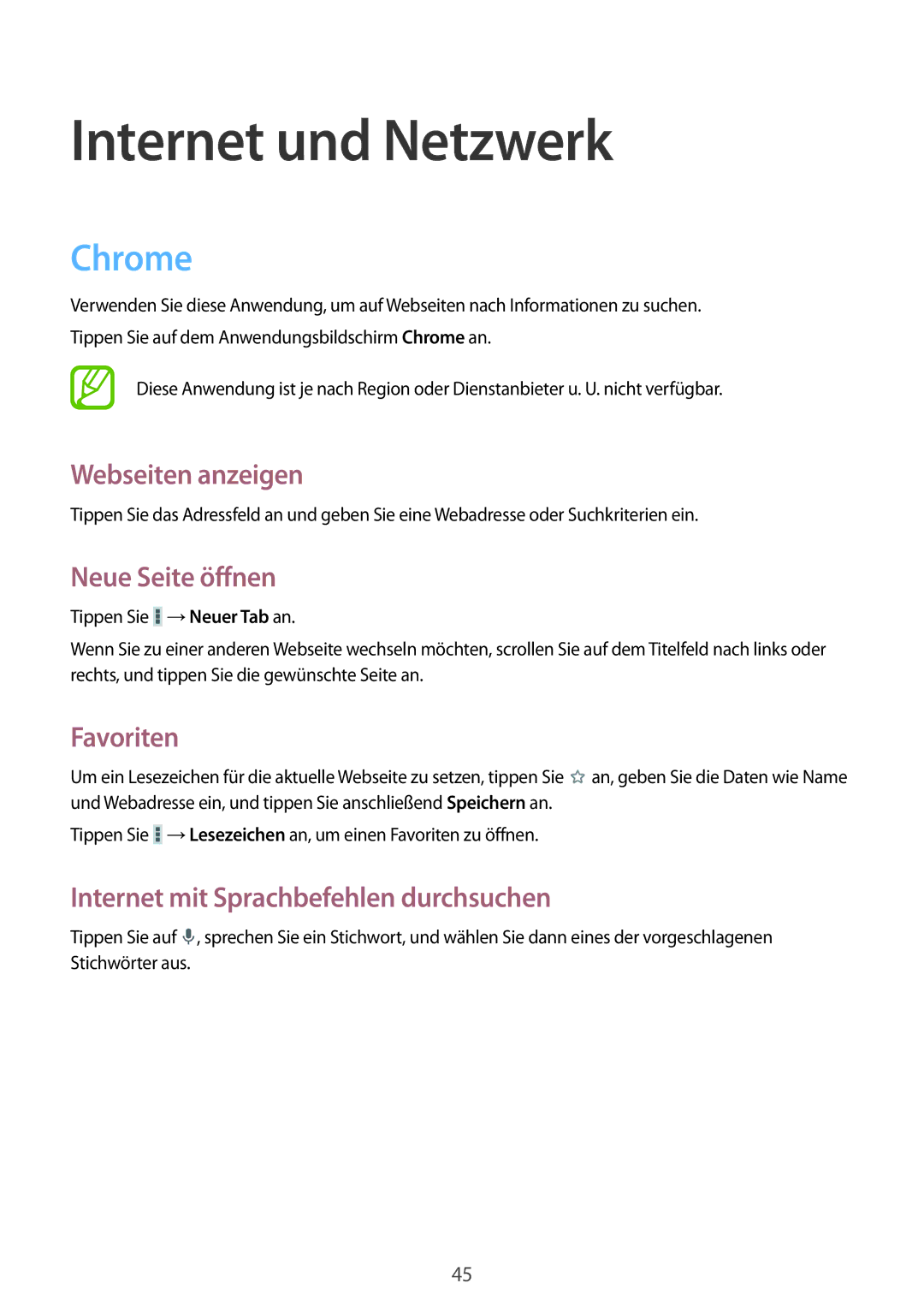 Samsung SM-T2105GYADBT, SM-T2105GYATUR, SM-T2105GYZTUR, SM-T2105GYATPH, SM-T2105GYAATO manual Internet und Netzwerk, Chrome 