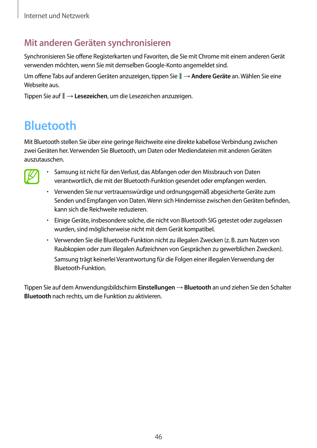 Samsung SM-T2105GYAATO, SM-T2105GYATUR, SM-T2105GYZTUR, SM-T2105GYATPH manual Bluetooth, Mit anderen Geräten synchronisieren 