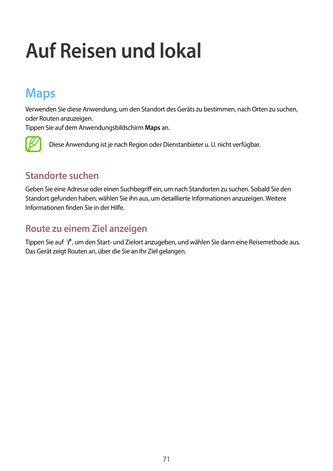 Samsung SM-T2105GYAXEF, SM-T2105GYATUR manual Auf Reisen und lokal, Maps, Standorte suchen, Route zu einem Ziel anzeigen 