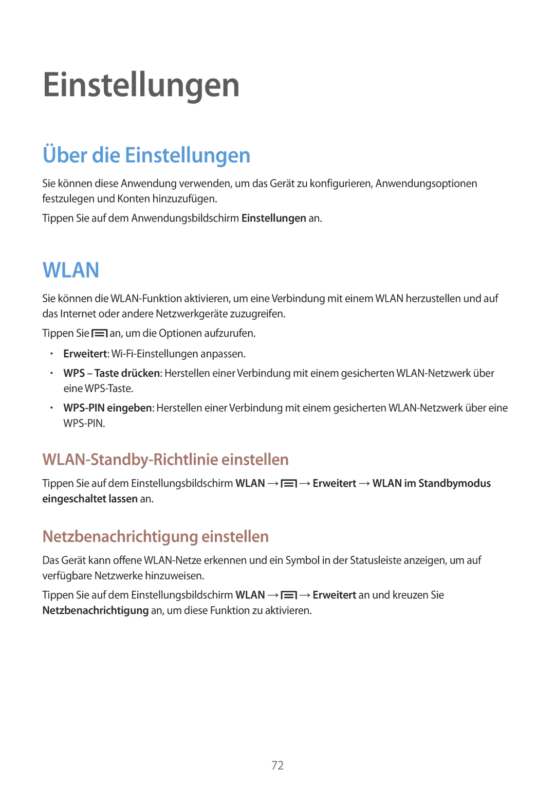 Samsung SM-T2105GYATUR Über die Einstellungen, WLAN-Standby-Richtlinie einstellen, Netzbenachrichtigung einstellen 