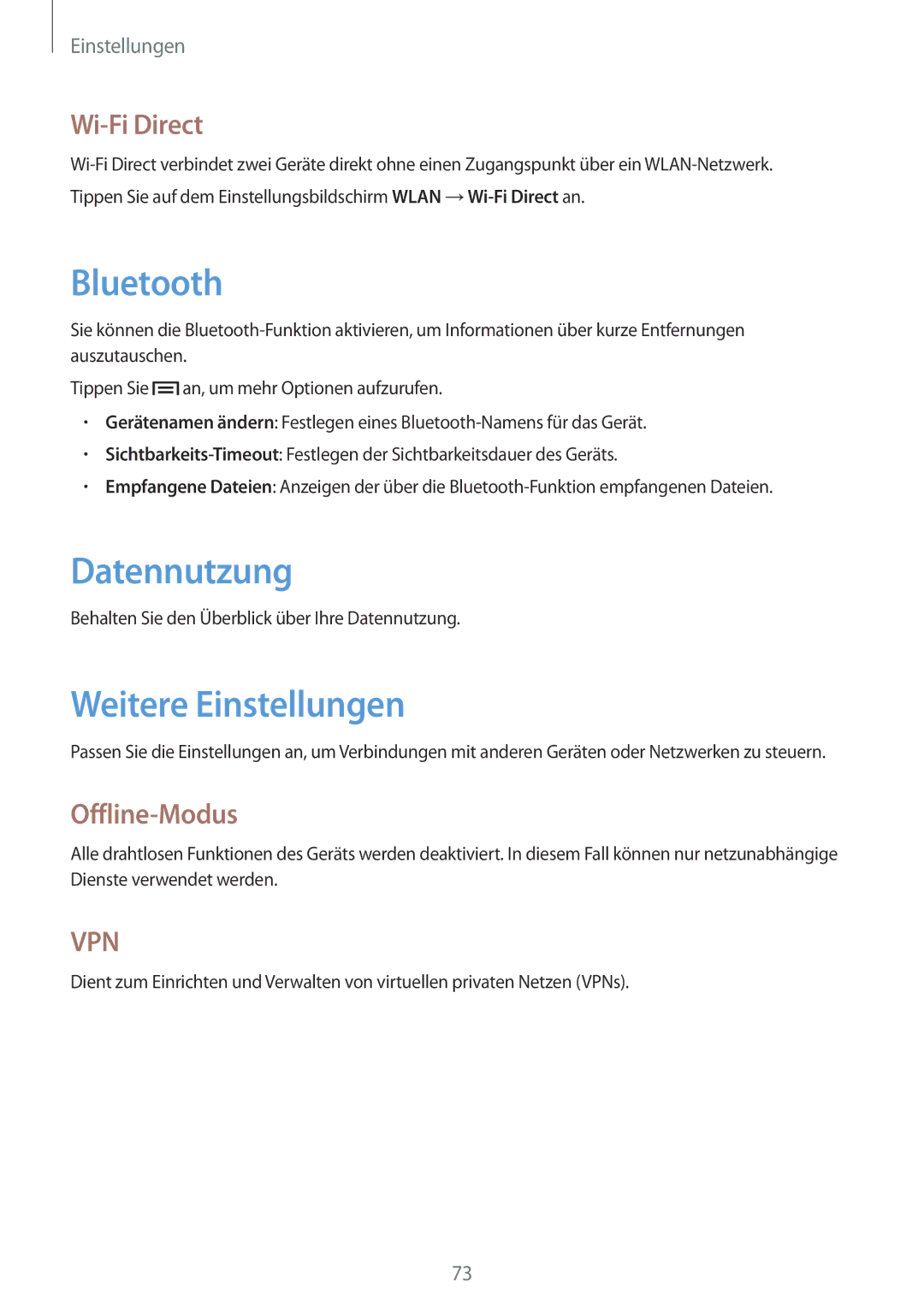 Samsung SM-T2105GYZTUR, SM-T2105GYATUR, SM-T2105GYATPH Datennutzung, Weitere Einstellungen, Wi-Fi Direct, Offline-Modus 