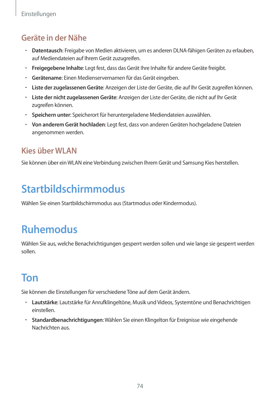 Samsung SM-T2105GYATPH, SM-T2105GYATUR manual Startbildschirmmodus, Ruhemodus, Ton, Geräte in der Nähe, Kies über Wlan 