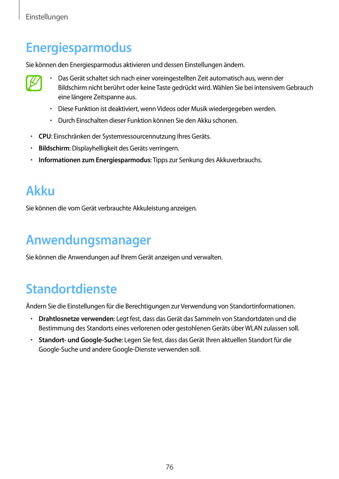 Samsung SM-T2105GYAATO, SM-T2105GYATUR, SM-T2105GYZTUR manual Energiesparmodus, Akku, Anwendungsmanager, Standortdienste 