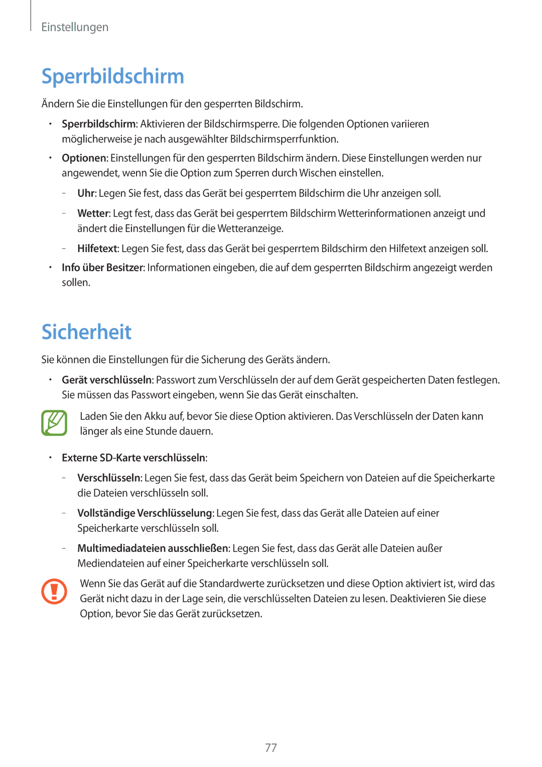 Samsung SM-T2105GYAXEF, SM-T2105GYATUR, SM-T2105GYZTUR manual Sperrbildschirm, Sicherheit, Externe SD-Karte verschlüsseln 