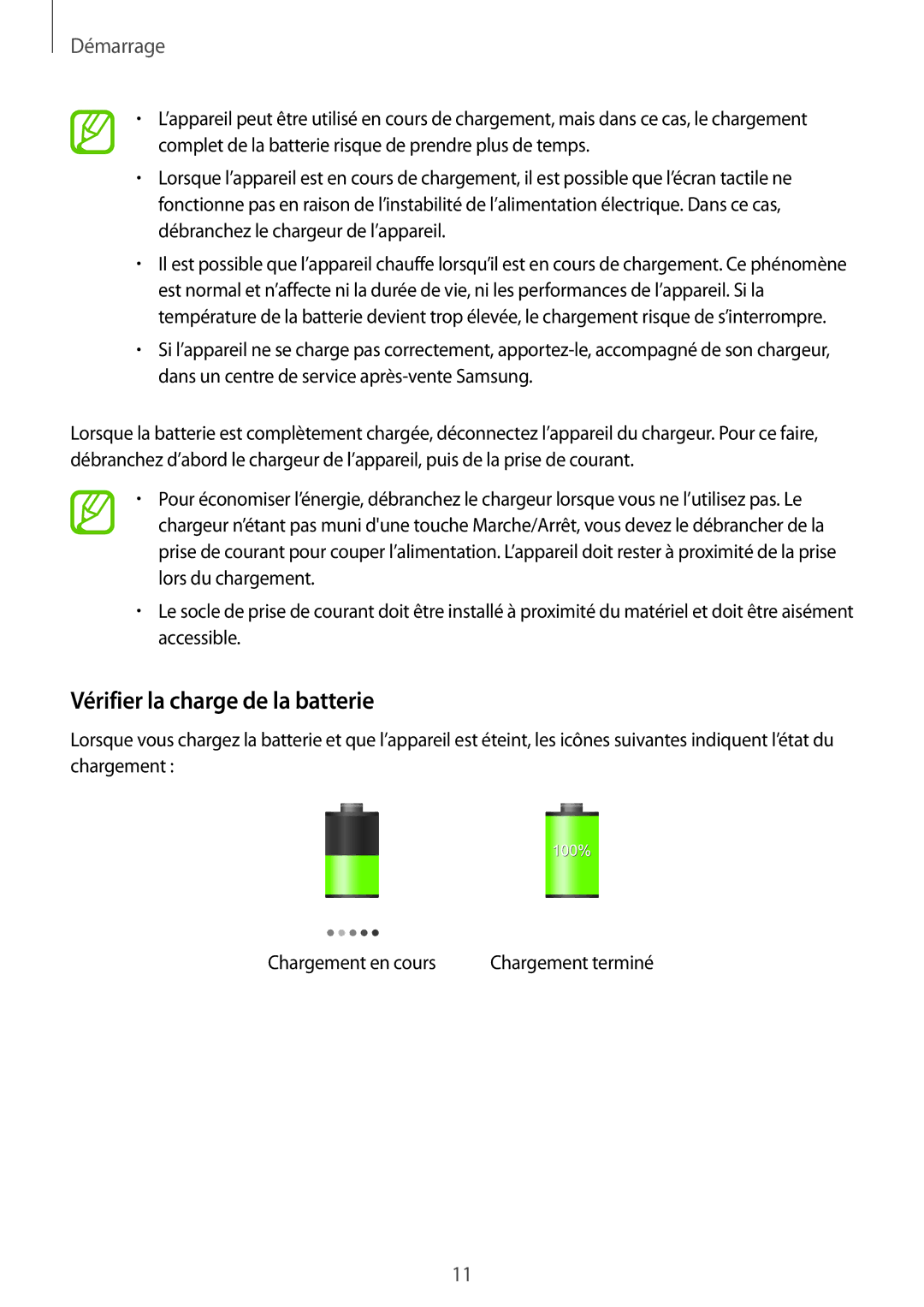 Samsung SM-T2105GYAXEF manual Vérifier la charge de la batterie 