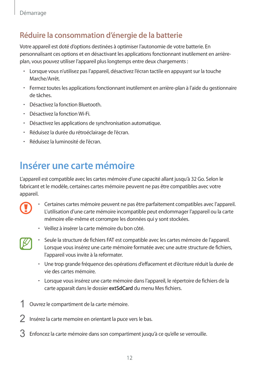 Samsung SM-T2105GYAXEF manual Insérer une carte mémoire, Réduire la consommation d’énergie de la batterie 