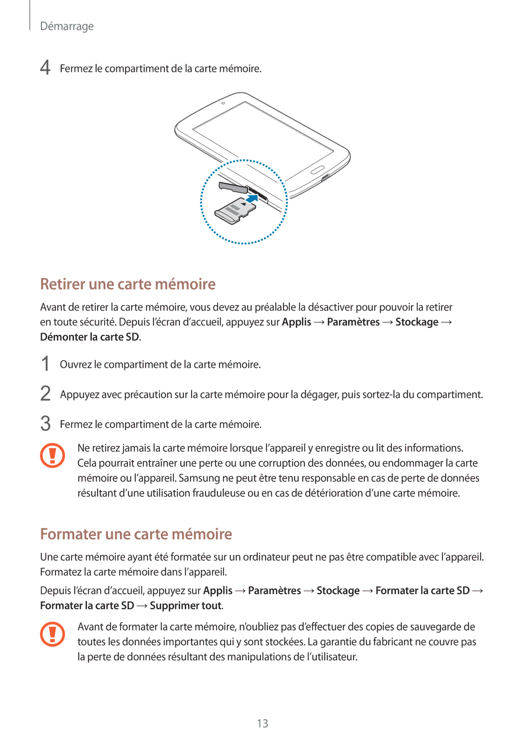 Samsung SM-T2105GYAXEF manual Retirer une carte mémoire, Formater une carte mémoire 