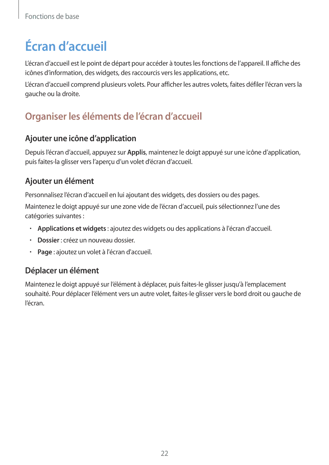 Samsung SM-T2105GYAXEF manual Écran d’accueil, Organiser les éléments de l’écran d’accueil, Ajouter une icône d’application 