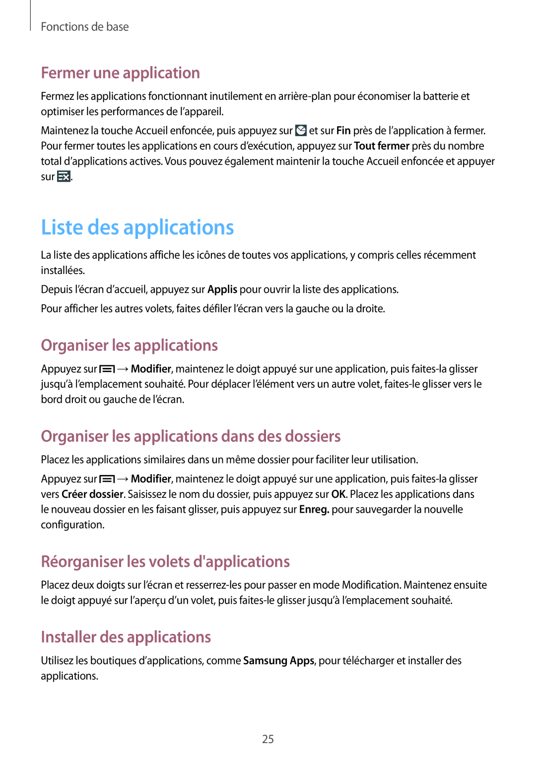 Samsung SM-T2105GYAXEF manual Liste des applications 