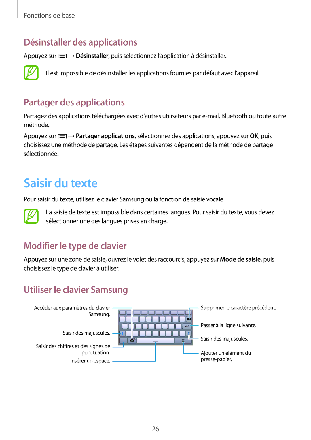 Samsung SM-T2105GYAXEF manual Saisir du texte, Désinstaller des applications, Partager des applications 