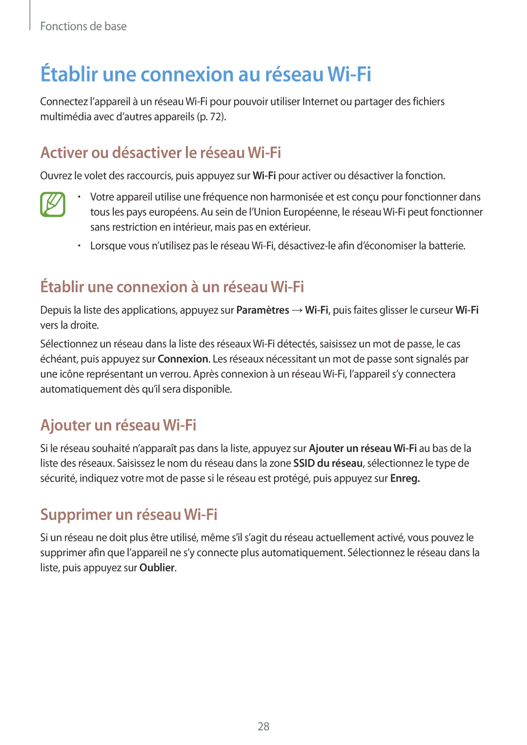 Samsung SM-T2105GYAXEF manual Établir une connexion au réseau Wi-Fi, Activer ou désactiver le réseau Wi-Fi 