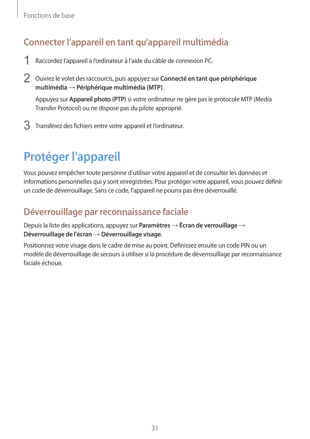 Samsung SM-T2105GYAXEF manual Protéger l’appareil, Connecter l’appareil en tant qu’appareil multimédia 