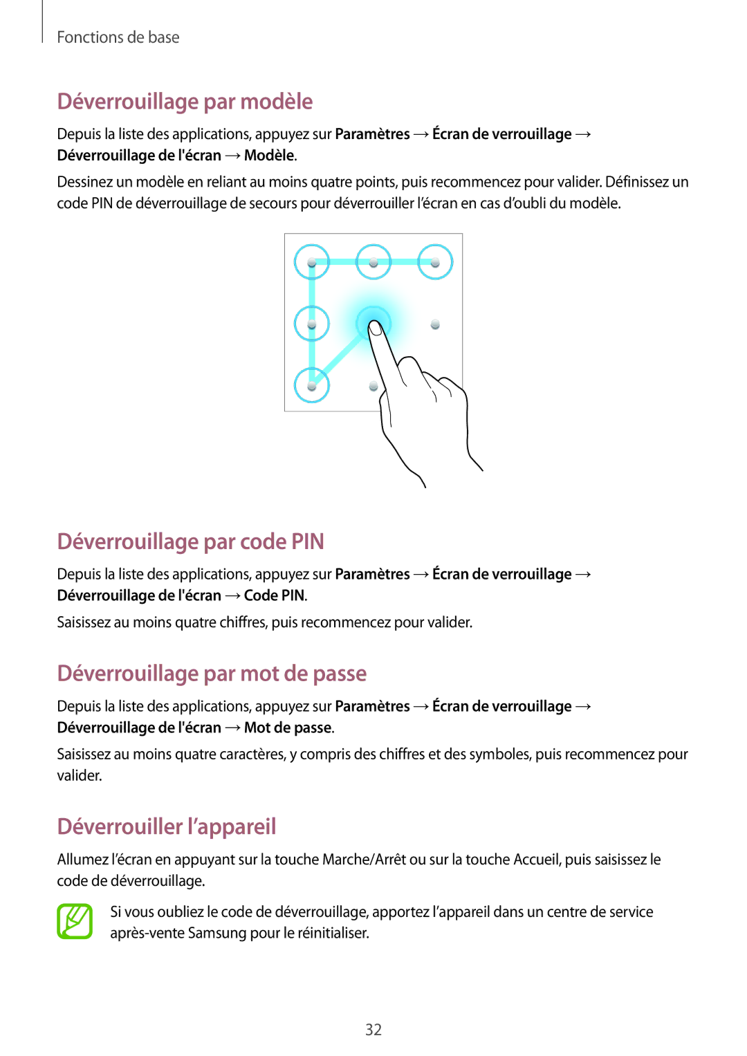 Samsung SM-T2105GYAXEF manual Déverrouillage par modèle, Déverrouillage par code PIN, Déverrouillage par mot de passe 