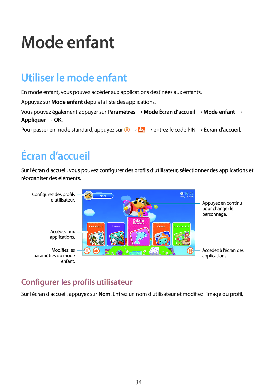 Samsung SM-T2105GYAXEF manual Mode enfant, Utiliser le mode enfant, Configurer les profils utilisateur 