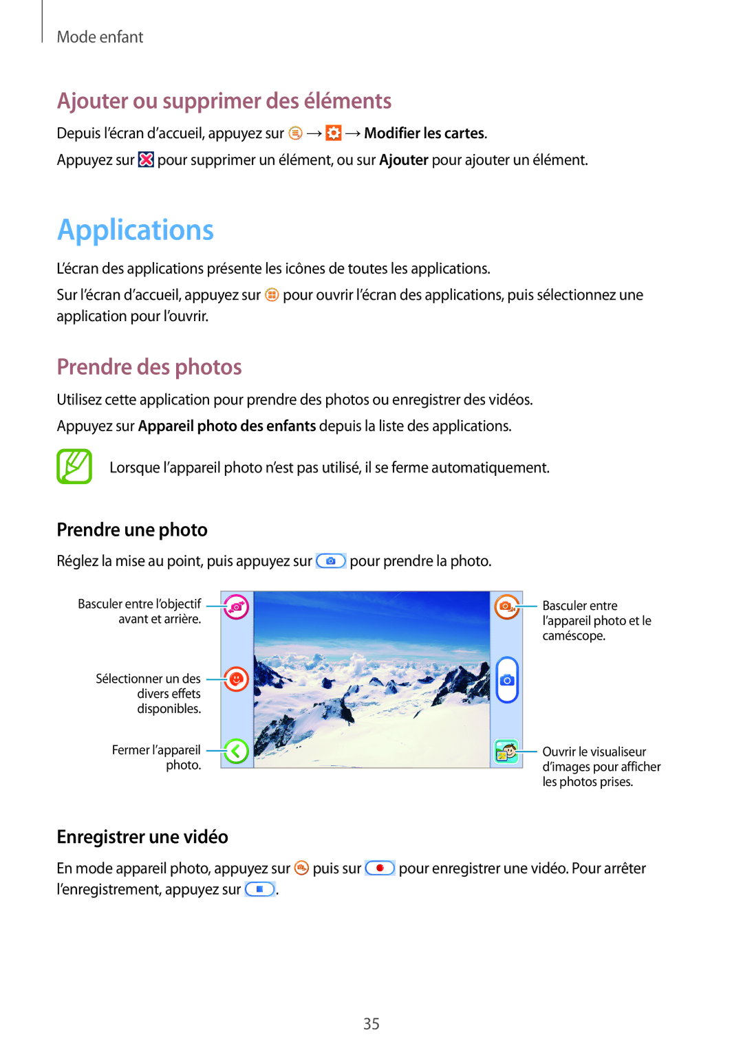 Samsung SM-T2105GYAXEF manual Applications, Ajouter ou supprimer des éléments, Prendre des photos, Prendre une photo 