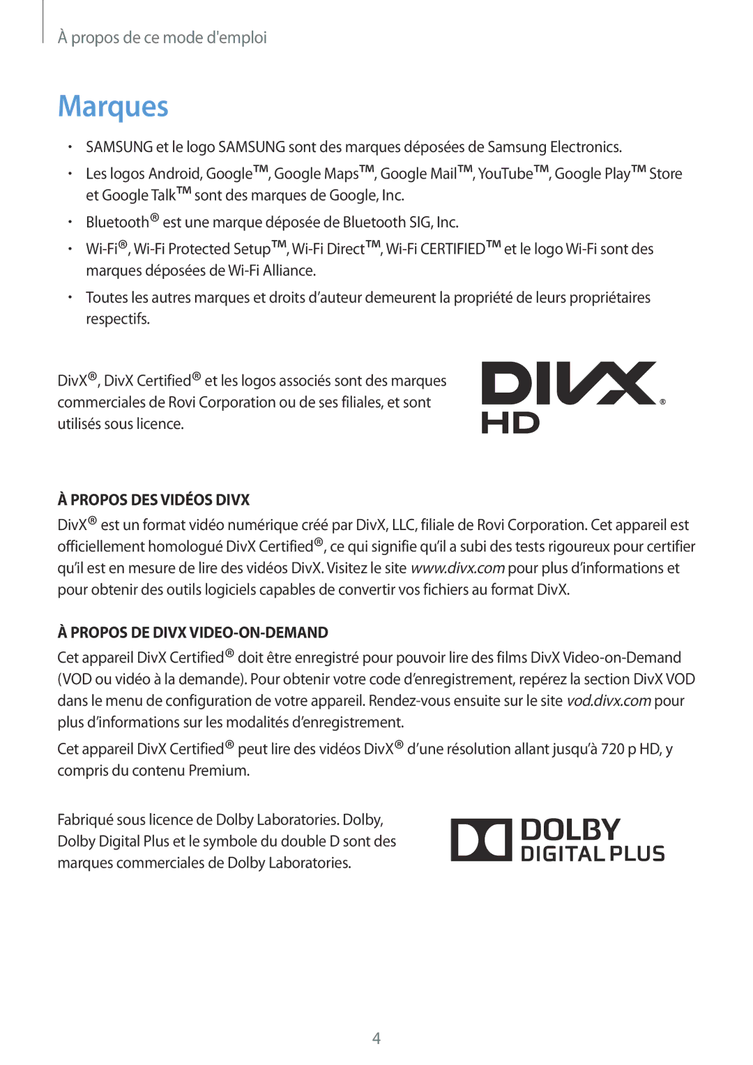 Samsung SM-T2105GYAXEF manual Marques, Propos DES Vidéos Divx Propos DE Divx VIDEO-ON-DEMAND 