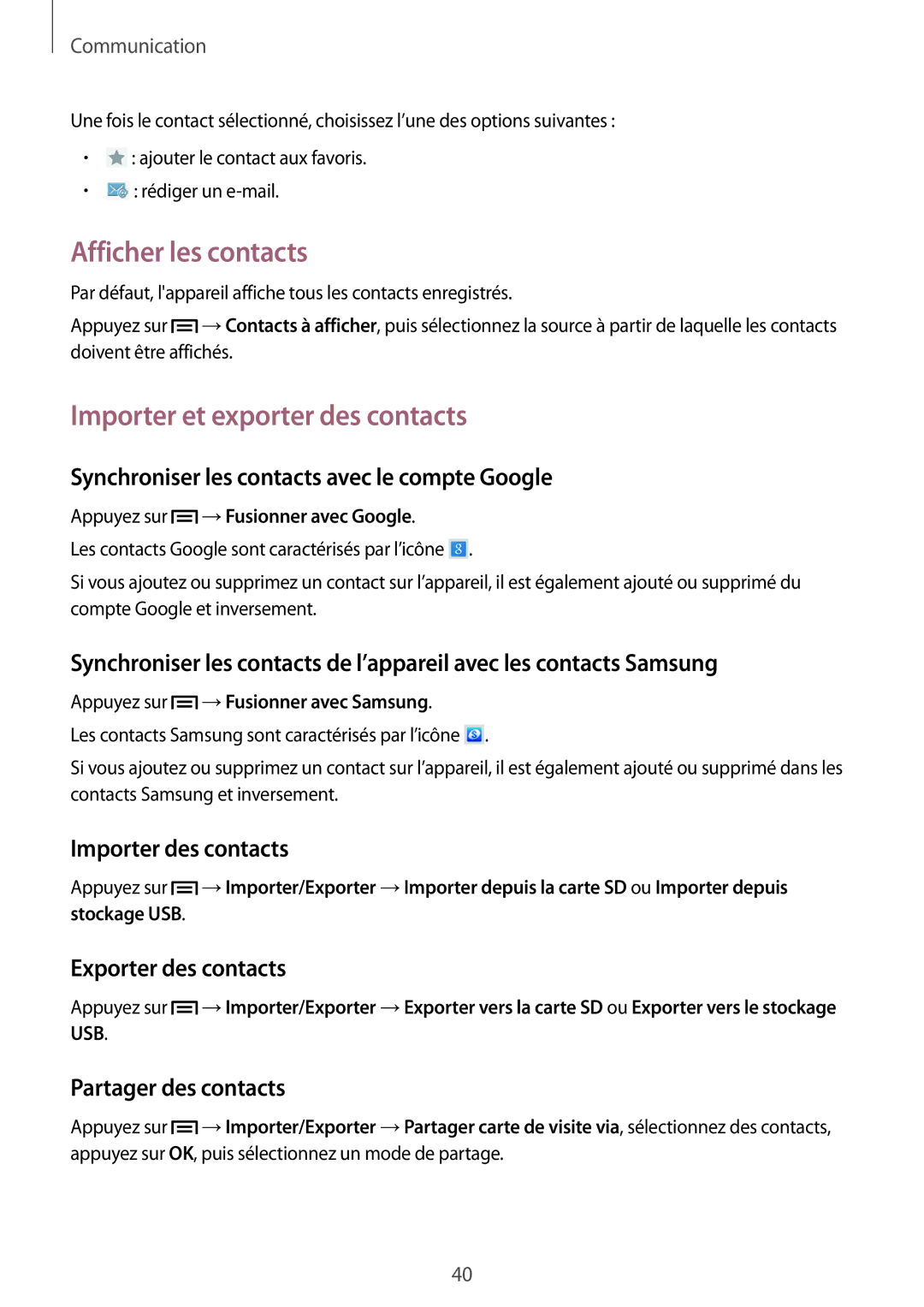 Samsung SM-T2105GYAXEF manual Afficher les contacts, Importer et exporter des contacts 