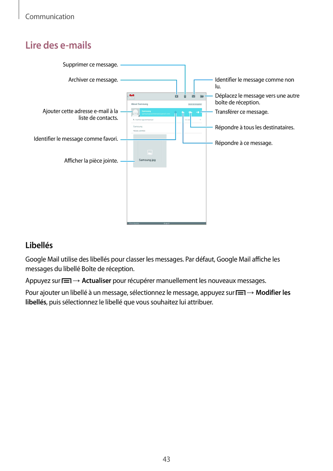 Samsung SM-T2105GYAXEF manual Lire des e-mails, Libellés 