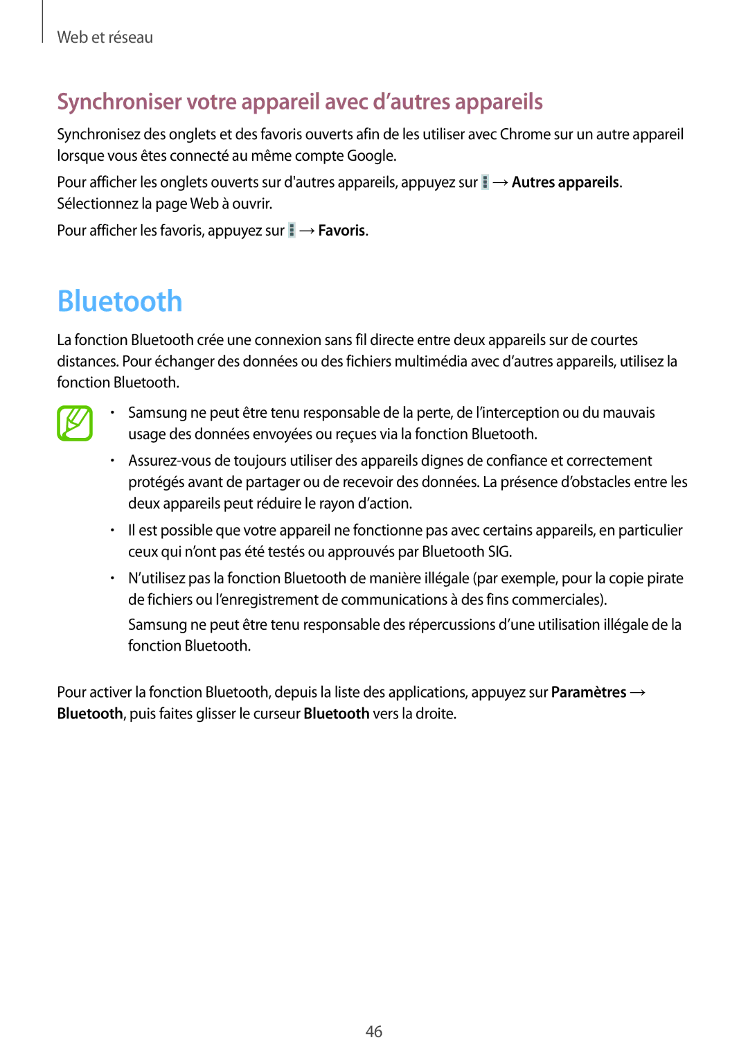 Samsung SM-T2105GYAXEF manual Bluetooth, Synchroniser votre appareil avec d’autres appareils 