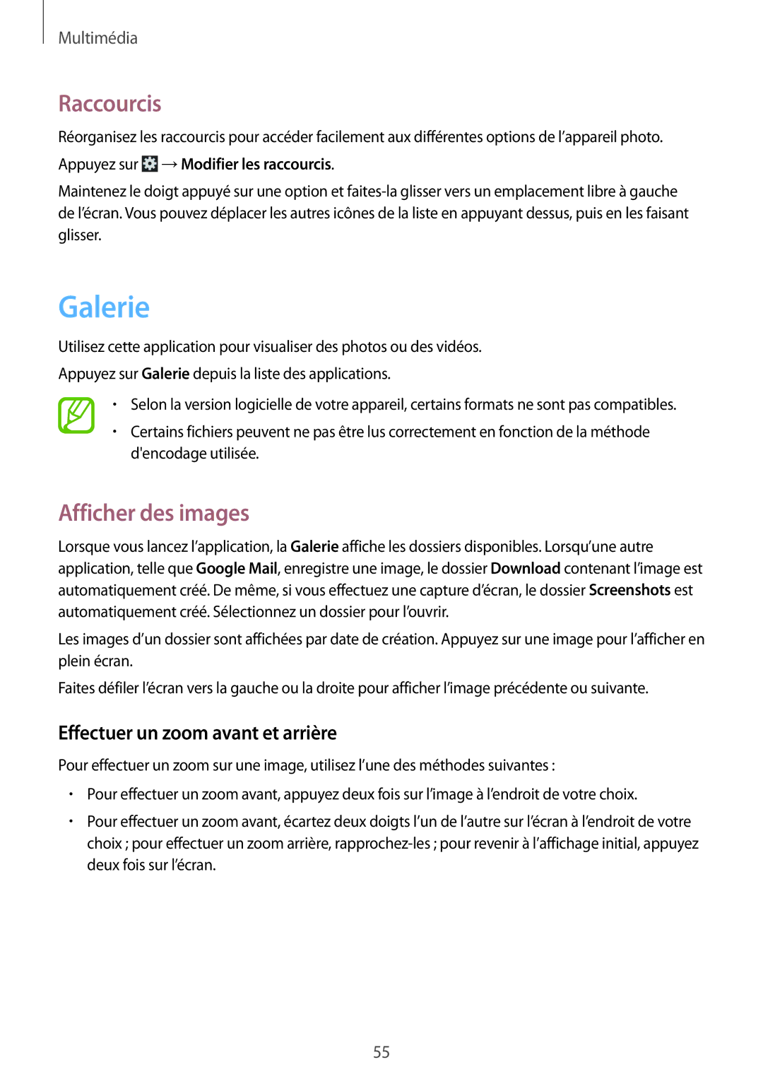 Samsung SM-T2105GYAXEF manual Galerie, Raccourcis, Afficher des images, Effectuer un zoom avant et arrière 