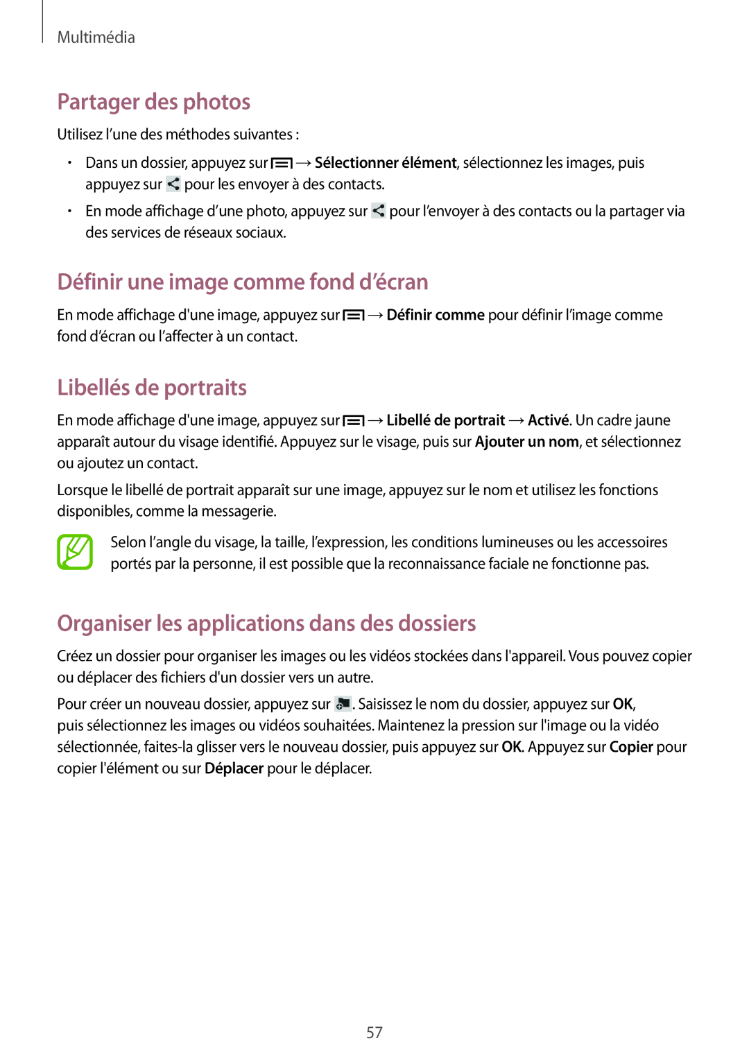 Samsung SM-T2105GYAXEF manual Partager des photos, Définir une image comme fond d’écran, Libellés de portraits 