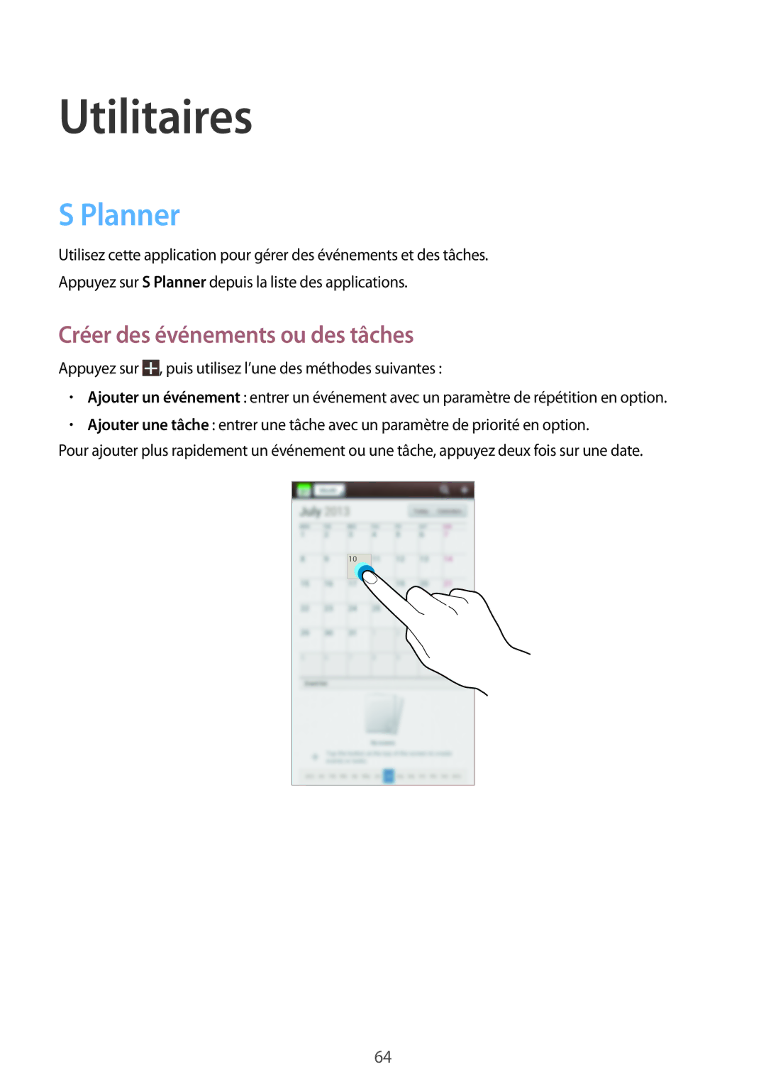 Samsung SM-T2105GYAXEF manual Utilitaires, Planner, Créer des événements ou des tâches 