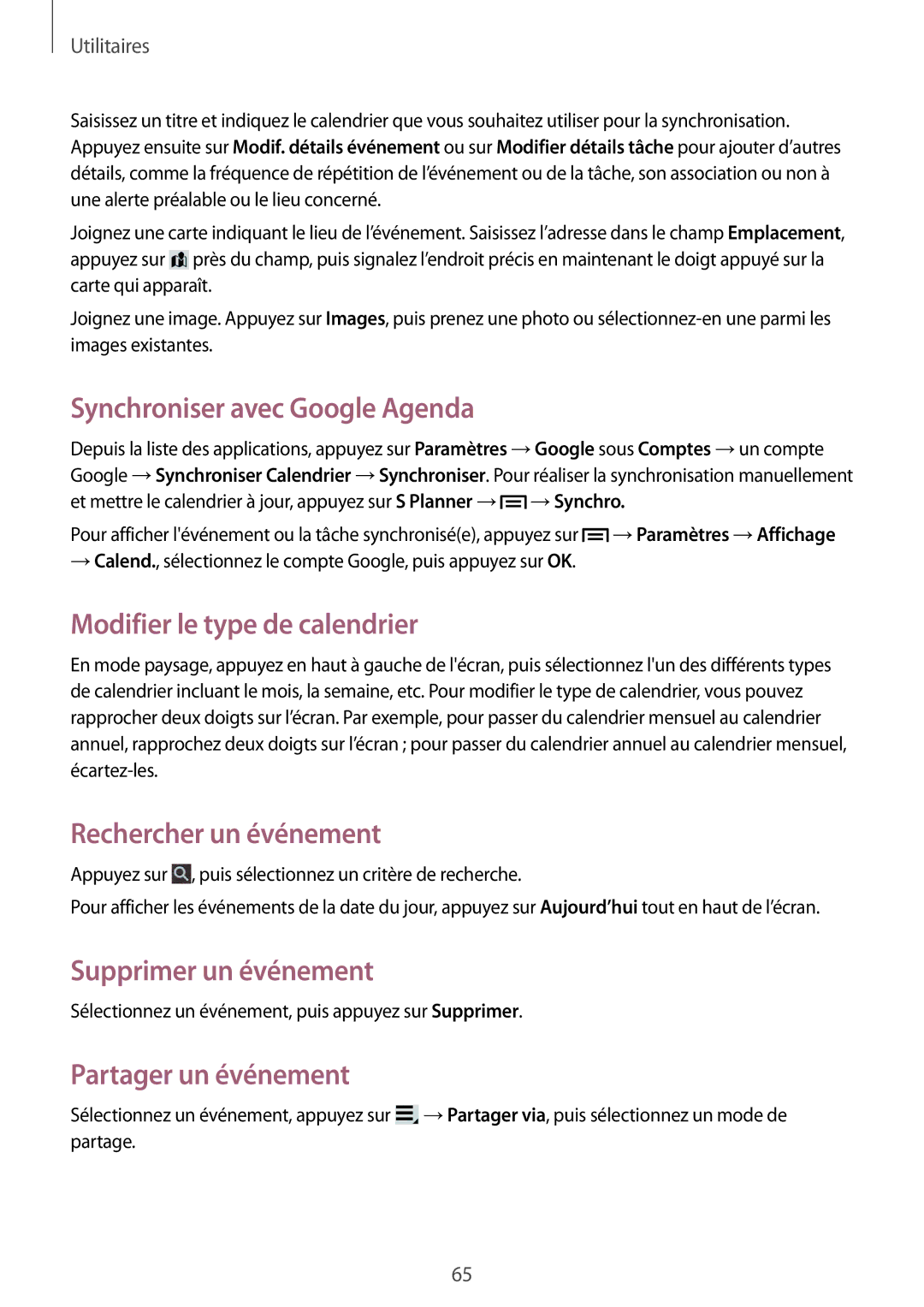 Samsung SM-T2105GYAXEF manual Synchroniser avec Google Agenda, Modifier le type de calendrier, Rechercher un événement 
