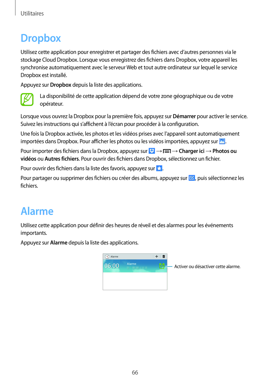 Samsung SM-T2105GYAXEF manual Dropbox, Alarme 