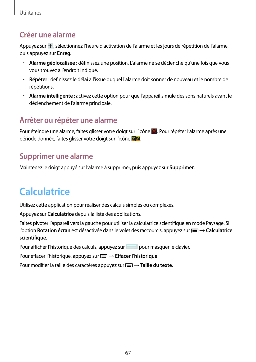 Samsung SM-T2105GYAXEF manual Calculatrice, Créer une alarme, Arrêter ou répéter une alarme, Supprimer une alarme 