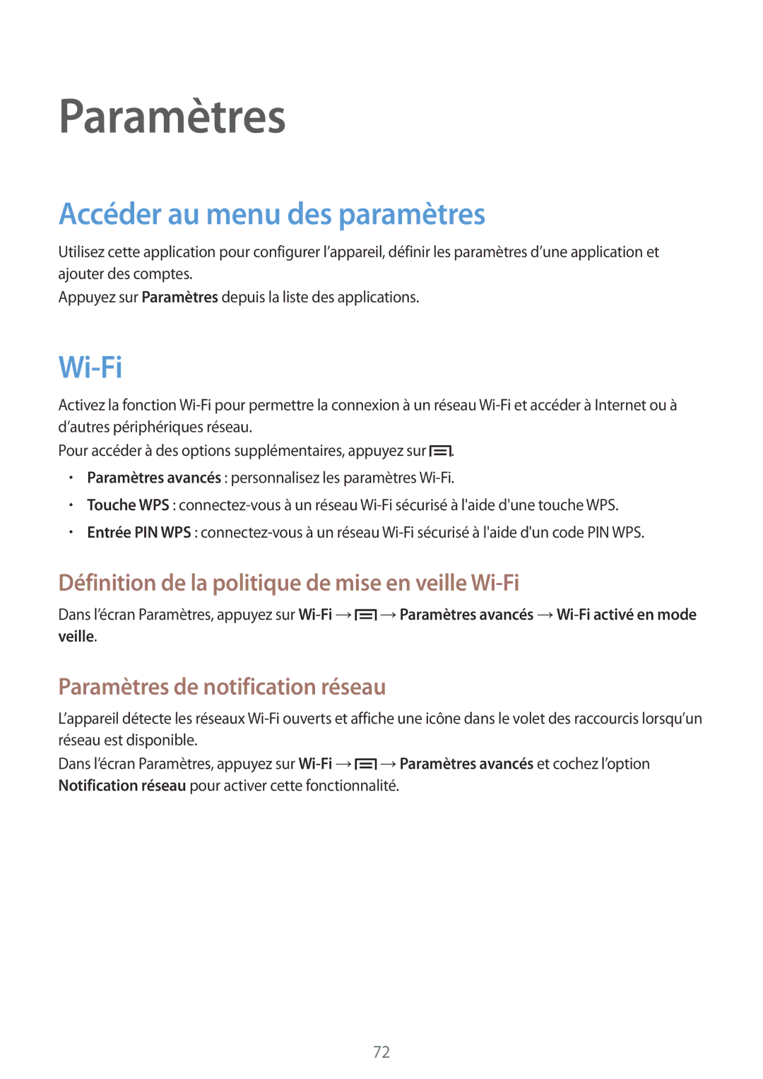 Samsung SM-T2105GYAXEF manual Accéder au menu des paramètres, Wi-Fi, Paramètres de notification réseau 