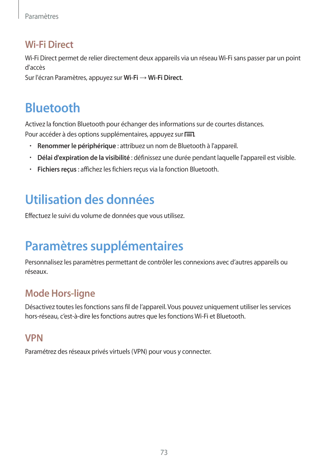 Samsung SM-T2105GYAXEF manual Utilisation des données, Paramètres supplémentaires, Wi-Fi Direct, Mode Hors-ligne 