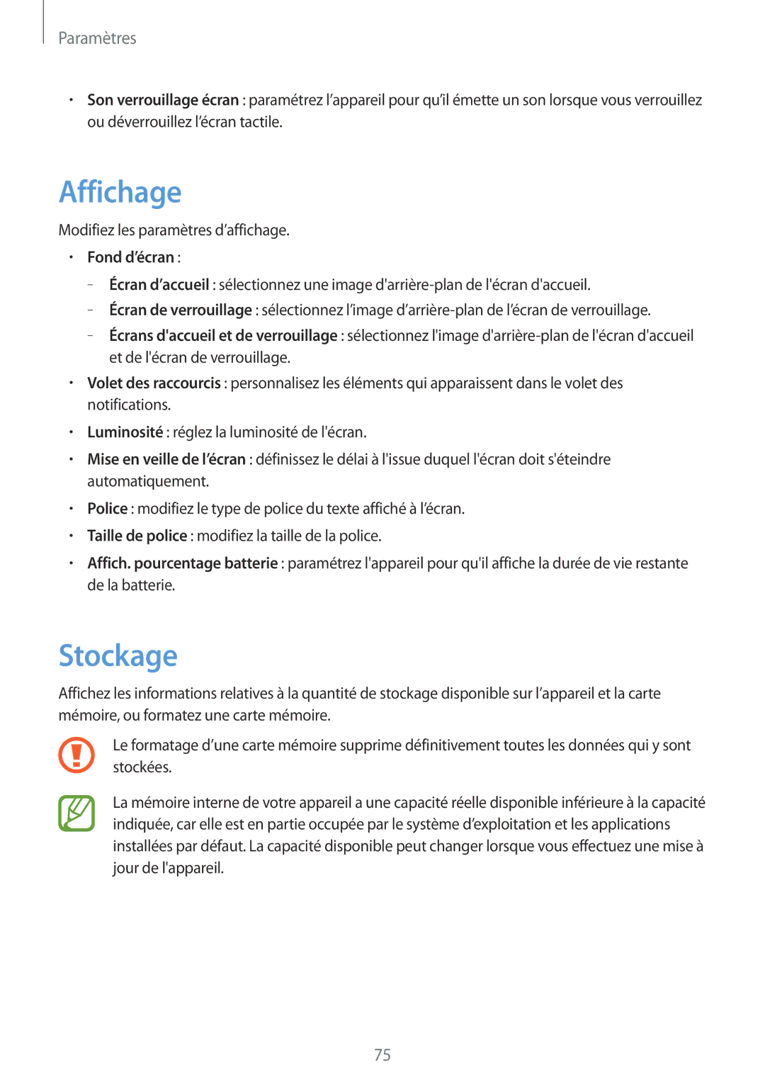 Samsung SM-T2105GYAXEF manual Affichage, Stockage, Fond d’écran 
