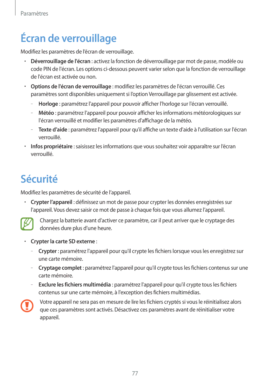 Samsung SM-T2105GYAXEF manual Écran de verrouillage, Sécurité, Crypter la carte SD externe 