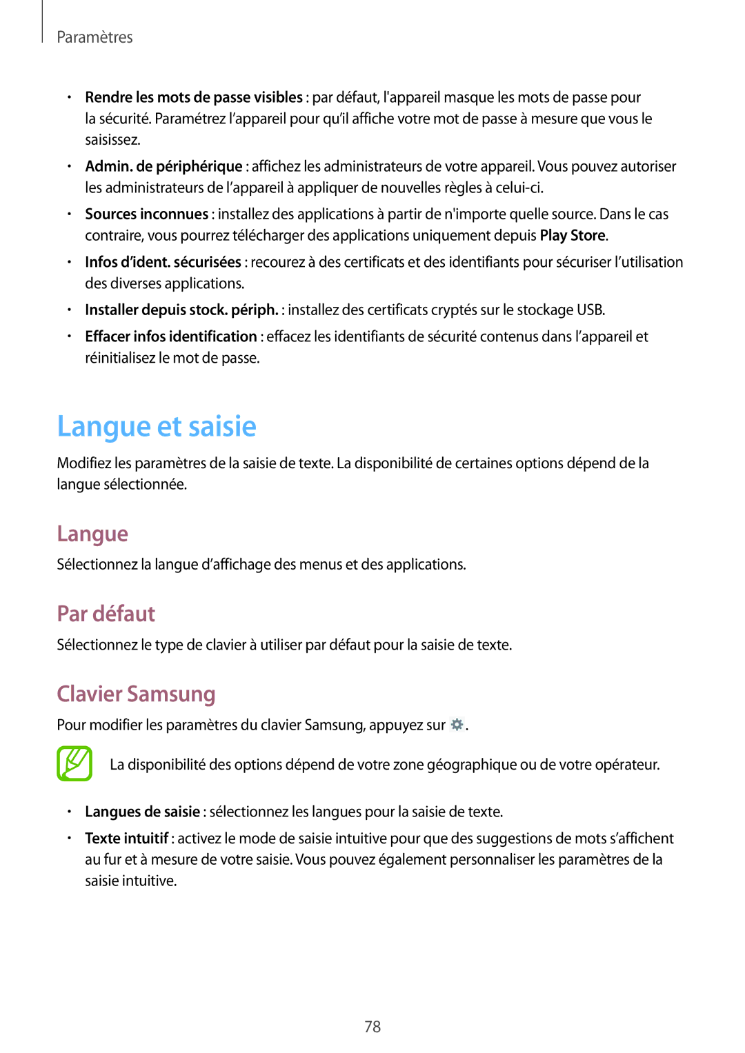 Samsung SM-T2105GYAXEF manual Langue et saisie, Par défaut, Clavier Samsung 