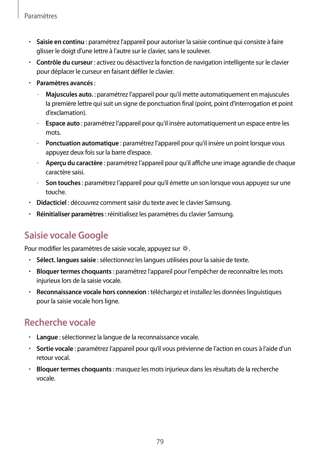 Samsung SM-T2105GYAXEF manual Saisie vocale Google, Recherche vocale, Paramètres avancés 