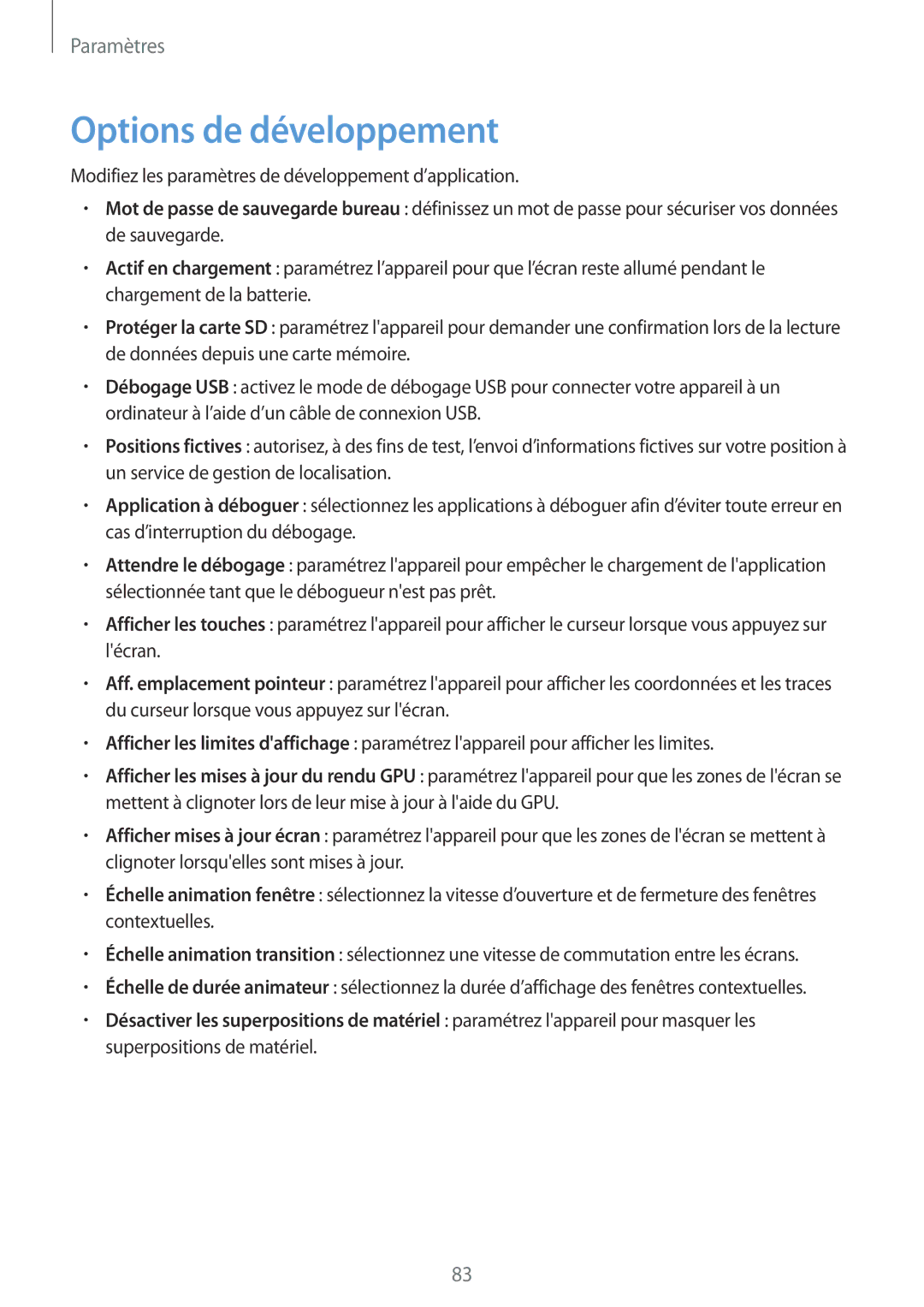 Samsung SM-T2105GYAXEF manual Options de développement 