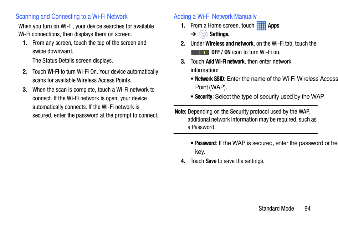 Samsung SM-T2105GYYXAR user manual Adding a Wi-Fi Network Manually, OFF / on icon to turn Wi-Fi on 